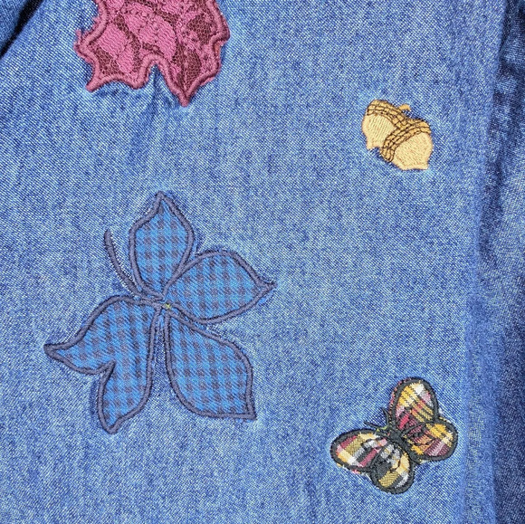 Karen Scott Fall Leaf Plaid Butterfly Embroidered Denim Button Down M Autumn - Picture 5 of 10
